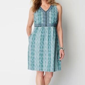 J.Jill NWT‎ Ikat Print Sleeveless Dress 3X Green White V-Neck Cotton Plus